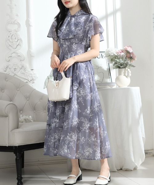 Lace Ladies(レースレディース)の「花柄 ボウタイリボン フレア袖 ティアード ワンピース(ワンピース・レディース・ブルーグレー/ブラック/アイボリー・S/FREE)」の4枚目の写真
