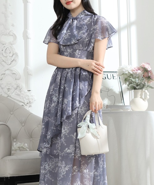 Lace Ladies(レースレディース)の「花柄 ボウタイリボン フレア袖 ティアード ワンピース(ワンピース・レディース・ブルーグレー/ブラック/アイボリー・S/FREE)」の5枚目の写真