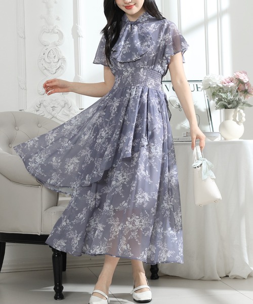 Lace Ladies(レースレディース)の「花柄 ボウタイリボン フレア袖 ティアード ワンピース(ワンピース・レディース・ブルーグレー/ブラック/アイボリー・S/FREE)」の7枚目の写真