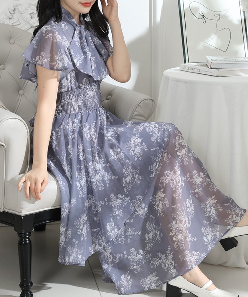Lace Ladies(レースレディース)の「花柄 ボウタイリボン フレア袖 ティアード ワンピース(ワンピース・レディース・ブルーグレー/ブラック/アイボリー・S/FREE)」の8枚目の写真