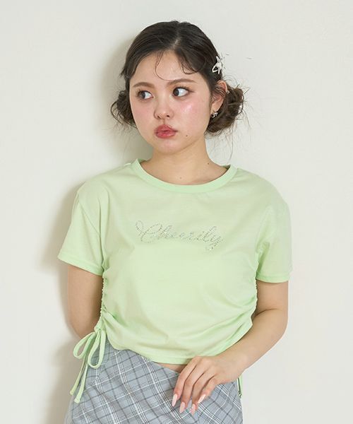 Mi-je(ミジェ)の「ViVi9月号掲載ストーンロゴ半袖Tシャツ【韓国ファッション】(Tシャツ/カットソー・レディース・オフホワイト/ライトグリーン/カラフル・F)」の2枚目の写真