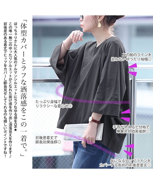 GOLDJAPAN(ゴールドジャパン)の「Vネックワイド袖ドルマンコットンカットソー【大きいサイズ対応】(Tシャツ/カットソー・レディース・ミント/ベージュ系/オフホワイト/チャコールグレー/ブラック・LL~3L/4L~5L)」の8枚目の写真