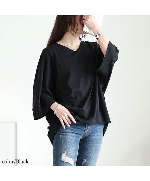 GOLDJAPAN(ゴールドジャパン)の「Vネックワイド袖ドルマンコットンカットソー【大きいサイズ対応】(Tシャツ/カットソー・レディース・ミント/ベージュ系/オフホワイト/チャコールグレー/ブラック・LL~3L/4L~5L)」の11枚目の写真