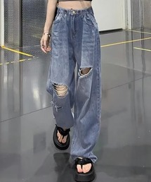 レディース ウエスト調節可能ダメージウォッシュ加工デニムパンツ