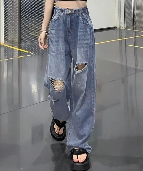 DAY CLOSET(デイ クローゼット)の「レディース ウエスト調節可能ダメージウォッシュ加工デニムパンツ(デニムパンツ・レディース・ブルー/ブラック・2XL/XL/M/S/L)」の2枚目の写真