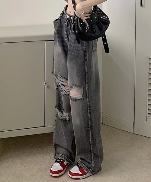 DAY CLOSET(デイ クローゼット)の「レディース ウエスト調節可能ダメージウォッシュ加工デニムパンツ(デニムパンツ・レディース・ブルー/ブラック・2XL/XL/M/S/L)」の14枚目の写真