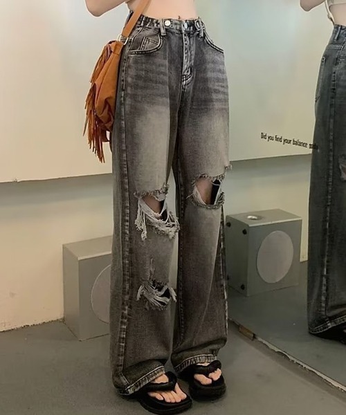 DAY CLOSET(デイ クローゼット)の「レディース ウエスト調節可能ダメージウォッシュ加工デニムパンツ(デニムパンツ・レディース・ブルー/ブラック・2XL/XL/M/S/L)」の12枚目の写真
