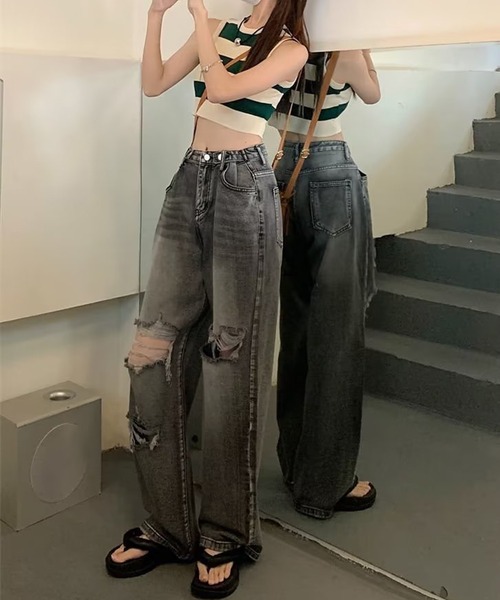 DAY CLOSET(デイ クローゼット)の「レディース ウエスト調節可能ダメージウォッシュ加工デニムパンツ(デニムパンツ・レディース・ブルー/ブラック・2XL/XL/M/S/L)」の9枚目の写真