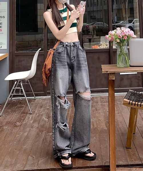 DAY CLOSET(デイ クローゼット)の「レディース ウエスト調節可能ダメージウォッシュ加工デニムパンツ(デニムパンツ・レディース・ブルー/ブラック・2XL/XL/M/S/L)」の8枚目の写真