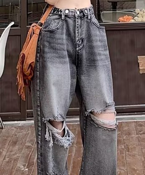 DAY CLOSET(デイ クローゼット)の「レディース ウエスト調節可能ダメージウォッシュ加工デニムパンツ(デニムパンツ・レディース・ブルー/ブラック・2XL/XL/M/S/L)」の7枚目の写真