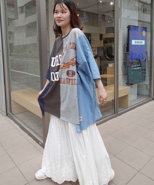 リメイク風デザインレースTシャツ デニムリメイク風切り替えTシャツ（Tシャツ/カットソー