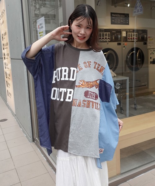 デニム風ハイネックTシャツ デニムリメイク風切り替えTシャツ（Tシャツ/カットソー