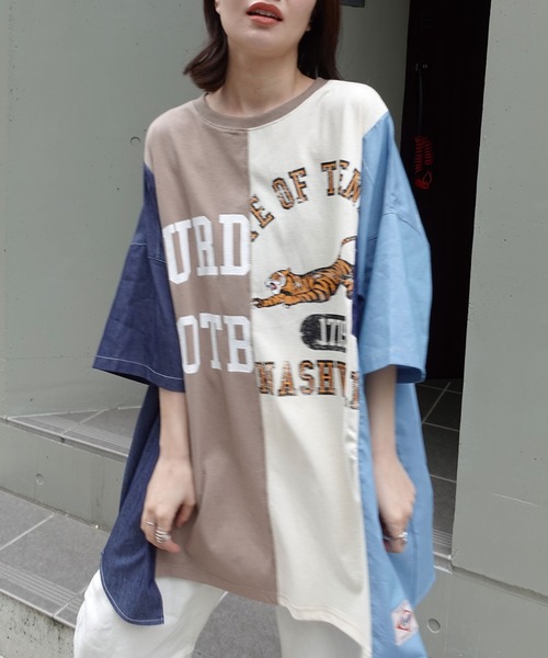 リメイク風デザインレースTシャツ デニムリメイク風切り替えTシャツ（Tシャツ/カットソー