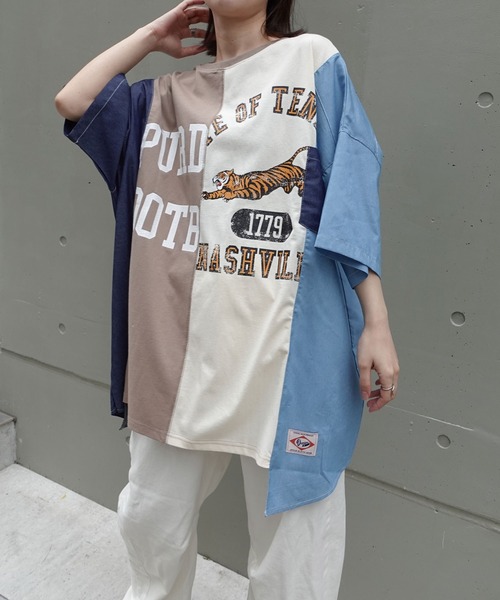 I AM PLSM 異素材変形デニムリメイクTシャツ セール】デニムリメイク風切り替えTシャツ（Tシャツ/カットソー