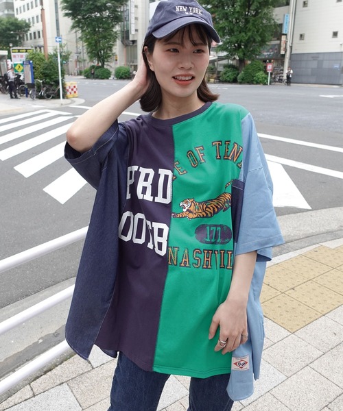 tシャツ リメイク風デザインレースTシャツ レディース forksy. tシャツ 「forksy.」リメイク風カレッジロゴオーバー