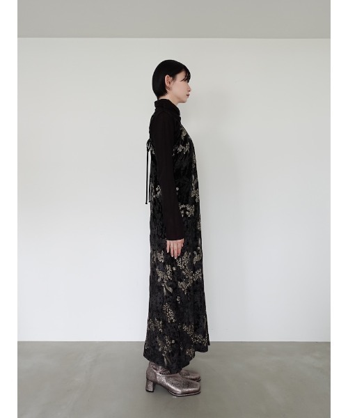 saharaサハラワンピースロングドレスMARTE Black Velour Embroidery Layered Dress（ワンピース）｜sahara