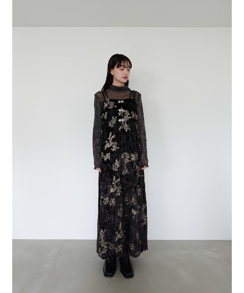 saharaサハラワンピースロングドレスMARTE Black Velour Embroidery Layered Dress（ワンピース）｜sahara