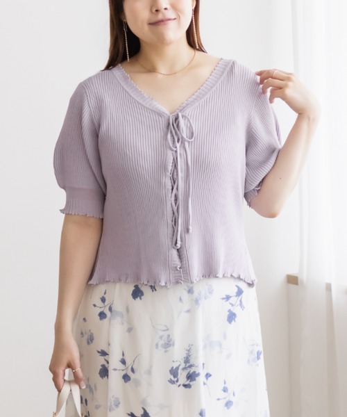CLETTE(クレット)の「レースアップデザイン半袖ニット(ニット/セーター・レディース・ブラック/ラベンダー/ピンク・4L/3L/LL)」の2枚目の写真