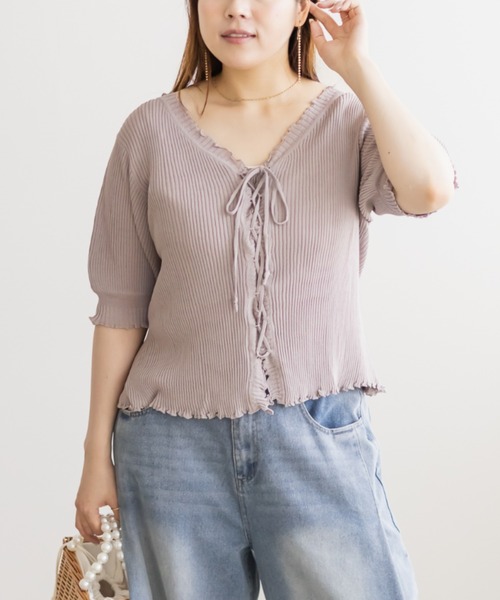 CLETTE(クレット)の「レースアップデザイン半袖ニット(ニット/セーター・レディース・ブラック/ラベンダー/ピンク・4L/3L/LL)」の3枚目の写真