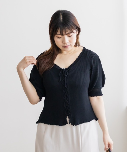 CLETTE(クレット)の「レースアップデザイン半袖ニット(ニット/セーター・レディース・ブラック/ラベンダー/ピンク・4L/3L/LL)」の6枚目の写真