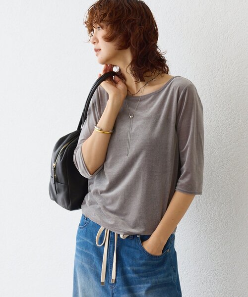 RIVE DROITE(リヴドロワ)の「【こなれ感抜群】シアーベロア5分袖Tee(Tシャツ/カットソー・レディース・オフホワイト/グレー/ブラック・FREE)」の1枚目の写真