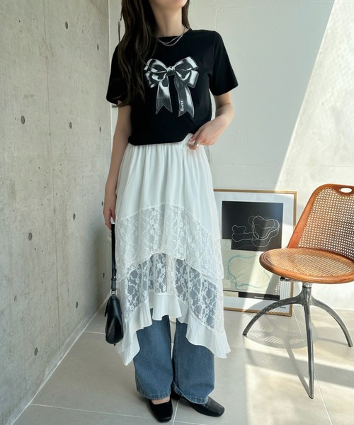 TREOVER(トレオーバー)の「レース×アシメで洗練された存在感♪レース切り替えアシメヘムスカート(スカート・レディース・ブラック/オフホワイト・FREE)」の5枚目の写真