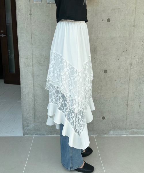 TREOVER(トレオーバー)の「レース×アシメで洗練された存在感♪レース切り替えアシメヘムスカート(スカート・レディース・ブラック/オフホワイト・FREE)」の15枚目の写真