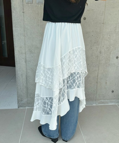 TREOVER(トレオーバー)の「レース×アシメで洗練された存在感♪レース切り替えアシメヘムスカート(スカート・レディース・ブラック/オフホワイト・FREE)」の14枚目の写真