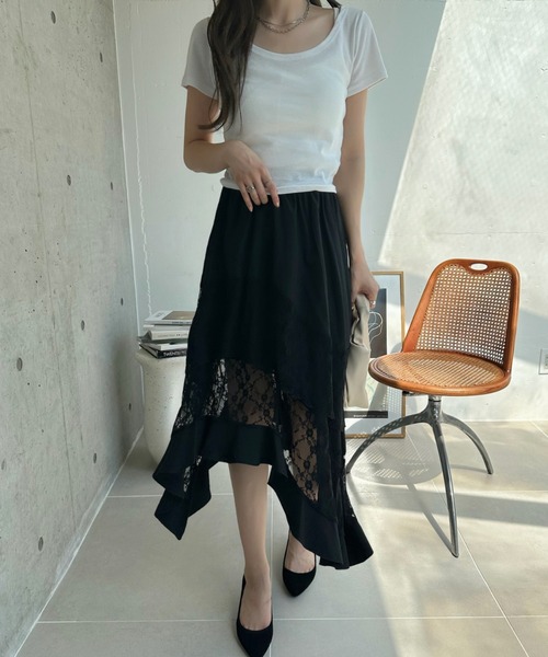TREOVER(トレオーバー)の「レース×アシメで洗練された存在感♪レース切り替えアシメヘムスカート(スカート・レディース・ブラック/オフホワイト・FREE)」の13枚目の写真