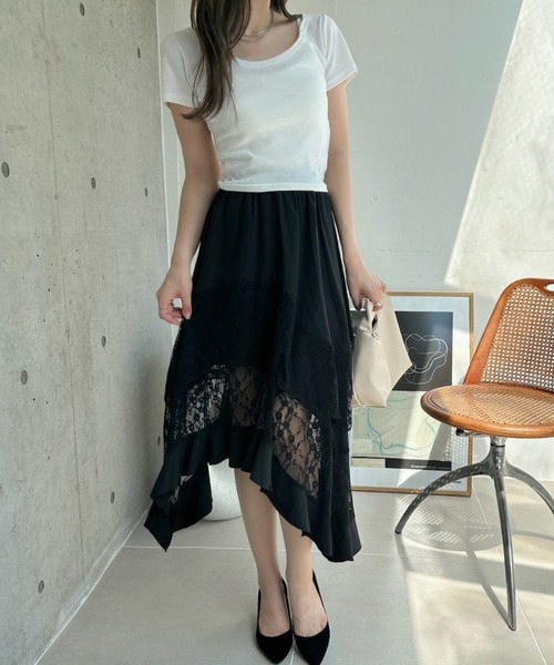TREOVER(トレオーバー)の「レース×アシメで洗練された存在感♪レース切り替えアシメヘムスカート(スカート・レディース・ブラック/オフホワイト・FREE)」の12枚目の写真