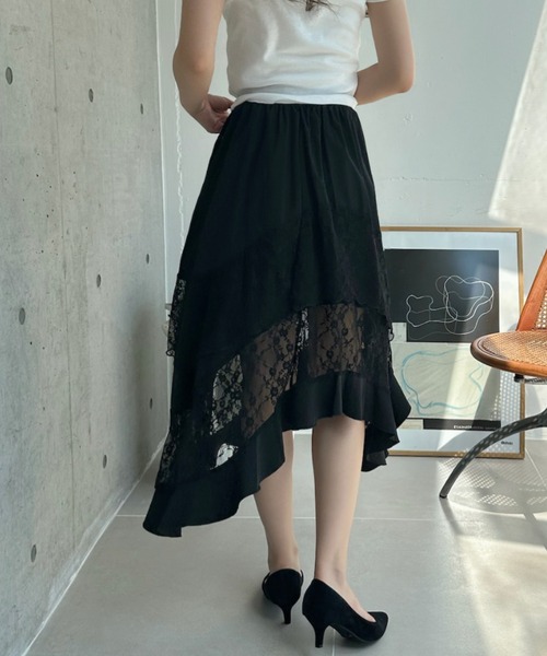 TREOVER(トレオーバー)の「レース×アシメで洗練された存在感♪レース切り替えアシメヘムスカート(スカート・レディース・ブラック/オフホワイト・FREE)」の9枚目の写真
