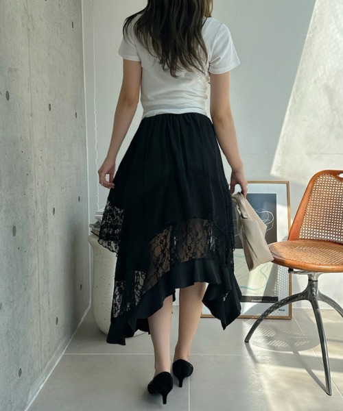 TREOVER(トレオーバー)の「レース×アシメで洗練された存在感♪レース切り替えアシメヘムスカート(スカート・レディース・ブラック/オフホワイト・FREE)」の8枚目の写真
