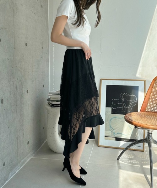 TREOVER(トレオーバー)の「レース×アシメで洗練された存在感♪レース切り替えアシメヘムスカート(スカート・レディース・ブラック/オフホワイト・FREE)」の7枚目の写真