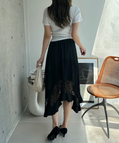 TREOVER(トレオーバー)の「レース×アシメで洗練された存在感♪レース切り替えアシメヘムスカート(スカート・レディース・ブラック/オフホワイト・FREE)」の6枚目の写真