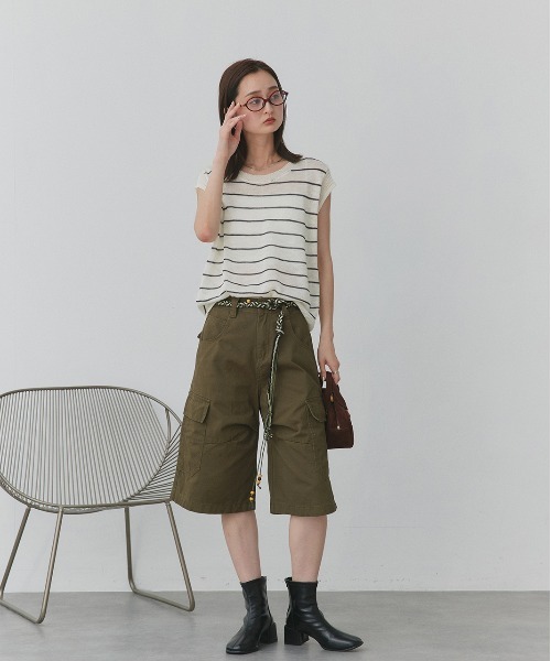 ad thie(アドティエ)の「ベルト付き カーゴハーフパンツ(カーゴパンツ・レディース・カーキ/ダークブラウン・FREE)」の3枚目の写真