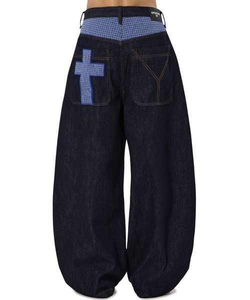 OY（オーワイ）の「『OY/オーワイ』CHECK MIX WIDE VOLUME PANTS/チェックミックスワイドボリュームパンツ（デニムパンツ・レディース・ブラック/インディゴブルー・S/M/L）」の2枚目の写真