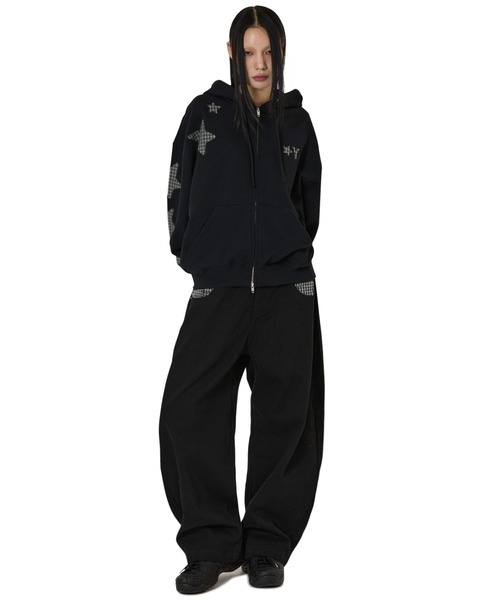 OY（オーワイ）の「『OY/オーワイ』CHECK MIX WIDE VOLUME PANTS/チェックミックスワイドボリュームパンツ（デニムパンツ・レディース・ブラック/インディゴブルー・S/M/L）」の6枚目の写真