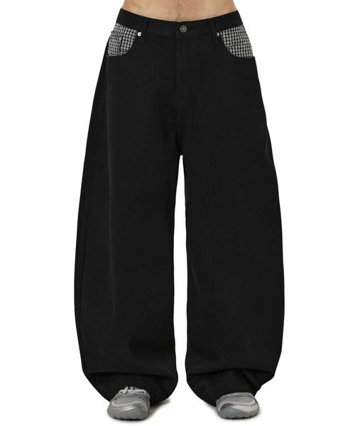OY（オーワイ）の「『OY/オーワイ』CHECK MIX WIDE VOLUME PANTS/チェックミックスワイドボリュームパンツ（デニムパンツ・レディース・ブラック/インディゴブルー・S/M/L）」の3枚目の写真