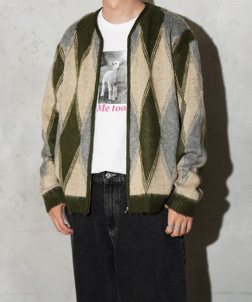 TOWNCRAFT(タウンクラフト)の「TOWNCRAFT / タウンクラフト SHAGGY VINTAGE PATTERN ZIP CARDIGAN レオパード アーガイル デイジー シャギー ジップアップ カーディガン モヘアタッチ(カーディガン/ボレロ・メンズ・その他1/その他2/オリーブ/グレー/グレー系その他/カーキ・X-SMALL/MEDIUM/LARGE/SMALL)」の4枚目の写真