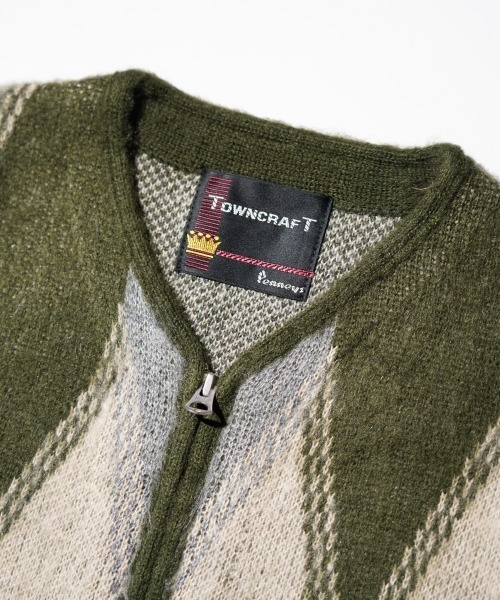 TOWNCRAFT アーガイルシャギージップアップカーディガン 緑 S TOWNCRAFT / タウンクラフト SHAGGY VINTAGE PATTERN ZIP CARDIGAN