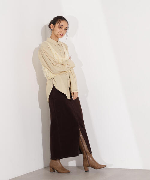 N.（N. Natural Beauty Basic）（エヌエヌナチュラルビューティーベーシック）の「【PS/低身長サイズ】コーデュロイスリットスカート（スカート・レディース・オフホワイト/ダークブラウン・MEDIUM/P/S）」の4枚目の写真