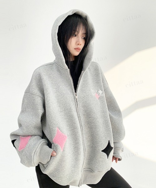 韓国ファッション OISISダイヤ刺繍デザインスウェットジップアップ