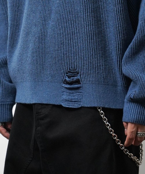 ILL'S（イルズ）の「ダメージ加工 フロント Y2K サークルロゴ刺繍 クルーニット メンズ レディース ユニセックス（ニット/セーター・メンズ・ブラック/ブルー・L/M）」の4枚目の写真