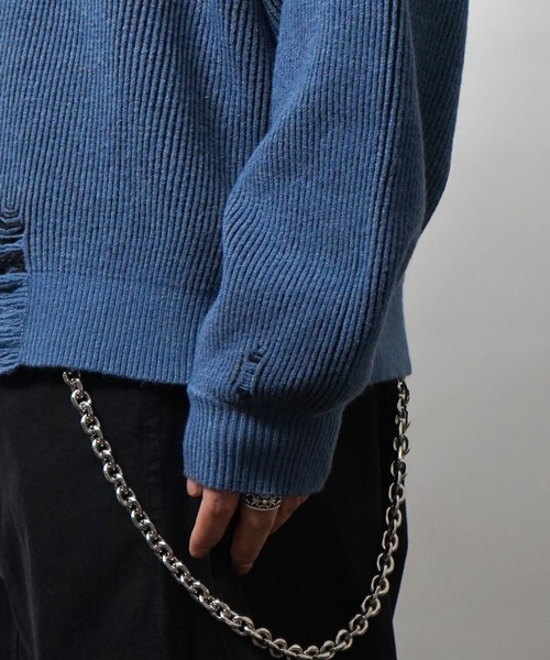 ILL'S（イルズ）の「ダメージ加工 フロント Y2K サークルロゴ刺繍 クルーニット メンズ レディース ユニセックス（ニット/セーター・メンズ・ブラック/ブルー・L/M）」の5枚目の写真