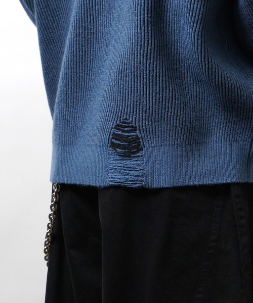 ILL'S（イルズ）の「ダメージ加工 フロント Y2K サークルロゴ刺繍 クルーニット メンズ レディース ユニセックス（ニット/セーター・メンズ・ブラック/ブルー・L/M）」の6枚目の写真