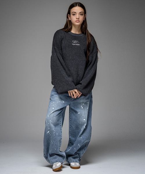 ILL'S（イルズ）の「ダメージ加工 フロント Y2K サークルロゴ刺繍 クルーニット メンズ レディース ユニセックス（ニット/セーター・メンズ・ブラック/ブルー・L/M）」の15枚目の写真