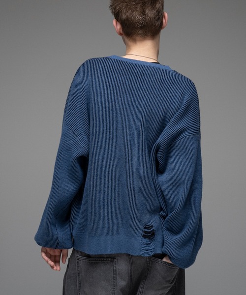 ILL'S（イルズ）の「ダメージ加工 フロント Y2K サークルロゴ刺繍 クルーニット メンズ レディース ユニセックス（ニット/セーター・メンズ・ブラック/ブルー・L/M）」の14枚目の写真