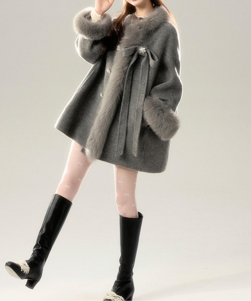 リボン付きファーフレアショートコート（その他アウター