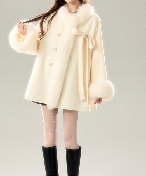 リボン付きファーフレアショートコート（その他アウター）｜LUCPY