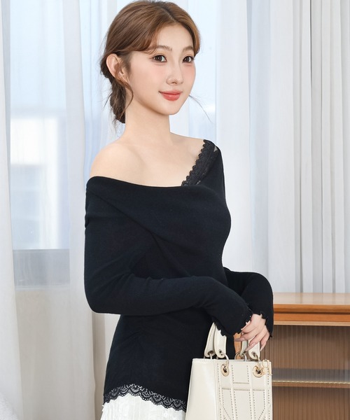 Anely(アネリー)の「配レース メロウ オフショル ニット プルオーバー(ニット/セーター・レディース・ブラック/アイボリー/ブルーグレー・FREE)」の8枚目の写真